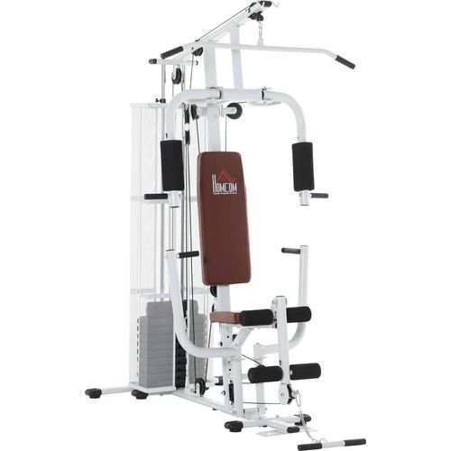 Gym Kraftstation Fitnessstation Multigym Fitnesscenter Fitnessgerät inkl. Gewichten Latzug Beincurl Metall PolyurethanKunstleder Weiß 150 x 110 x 210 cm