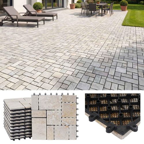 Steinfliese MCW-K70, Bodenfliese Steckfliese Balkon/Terrasse Naturstein, 11x je 30x30cm = 1m² ~ weiß