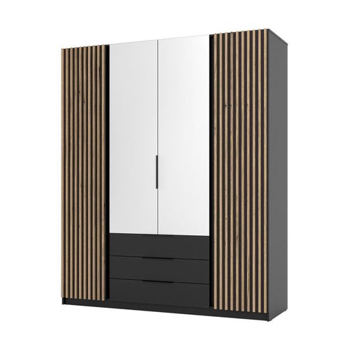Geräumiger Kleiderschrank 200 VERU mit Spiegeln – schwarz / Eiche evoziert / schwarz