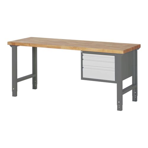 STIER Höhenverstellbare Werkbank Premium, 3 Schubladen, 200x70x79-114cm, aus pulverbeschichtetem Stahl und Buche, perfekt für anpassungsfähige Arbeitsumgebungen