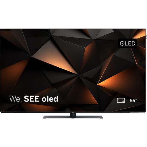 LOEWE We. SEE 55 Zoll OLED-TV, Ultra HD, Smart TV, HDR, Dolby Vision, Dolby Atmos, 60W Soundbar, drehbarer Tischfuß, AirPlay, HDMI 2.1, dünn