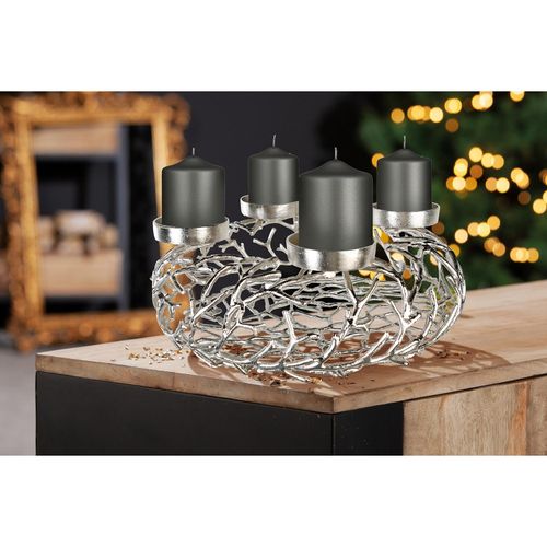 Adventskranz GILDE "Twigs", silber (silberfarben), B:56cm H:20cm T:56cm Ø:56cm, Aluminium, Dekokränze, Adventskranz, Aluminium, silber, verschiedene Größen
