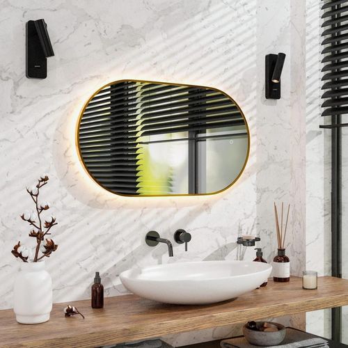 Mirlux Bathroom Mirror with LED Lighting & Heating - Oval Wall Mirror - Anti-Condensation Shower Mirror - Gold - 90x50CM