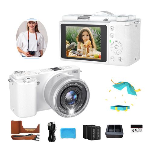 64MP Digitalkamera für Einsteiger mit 4K Video – 12X optischer Zoom Kompaktkamera – 2 Akkus + Lederhülle Perfekt für Reisen, Vlogs & Familienfotos