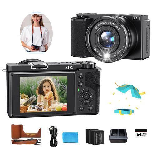 64MP Digitalkamera für Einsteiger mit 4K Video – 12X optischer Zoom Kompaktkamera – 2 Akkus + Lederhülle Perfekt für Reisen, Vlogs & Familienfotos
