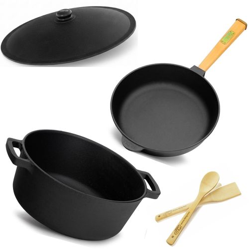 Gusseisen- Set Ø28cm: Topf 6L und Pfanne Holzgriff Deckel Brotbacken Bratpfanne Steakpfannen Gusseisenpfanne Gusseisentopf Kochtopf