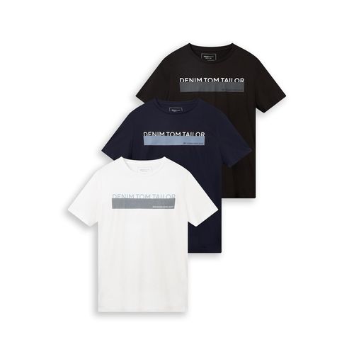 TOM TAILOR DENIM Herren T-Shirt mit Print im 3er-Pack, schwarz, Uni, Gr. S