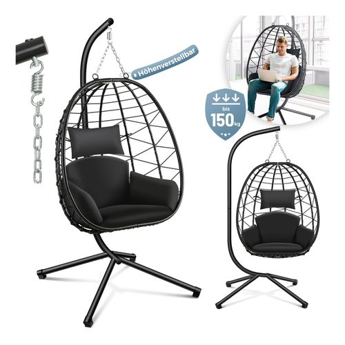 Makika Hängesessel mit Gestell höhenverstellbar aus Polyrattan in Schwarz
