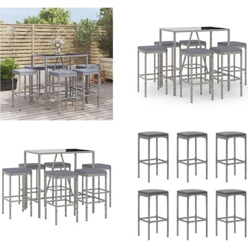 vidaXL 7 tlg. Gartenbar Set mit Kissen Grau Poly Rattan - Gartenbar Set - Gartenbar Sets - Garten Bar Set - Gartenbar