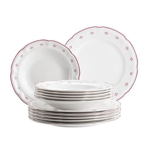 Tafelservice MÄSER "Lova", weiß (weiß, rot), 12, Geschirr-Sets, Tafelservice