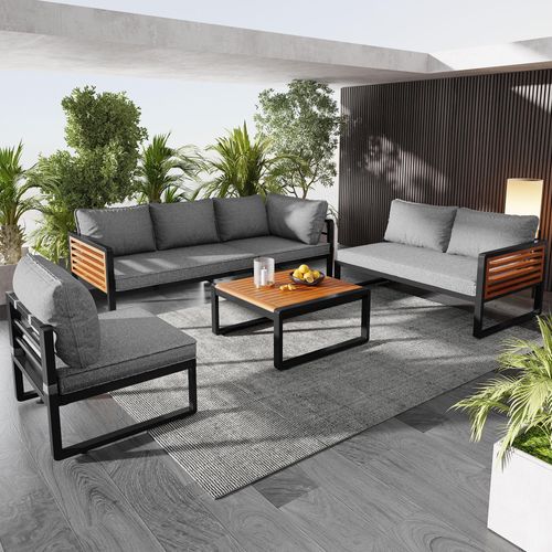 Gartenmöbel-Set für 5-6 Personen , Outdoor-Sofa mit verzinktem Eisenrahmen & Holz-Armlehnen,Loungembel, Balkonset,Garten & Terrasse