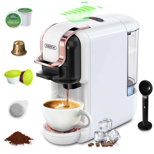 HiBREW 5-in-1-Elektrokaffeemaschine mit 7 w?hlbaren Wassermengen, 19 Bar, Kalt-/Hei?br¹h-Mini-Kaffeemaschine mit abnehmbarem 600 ml/20,3 oz-Wassertank, Espressokaffeemaschine, funktioniert mit Nes DG-Kapsel, ESE Kcup Pod, gemahlenem Kaffee
