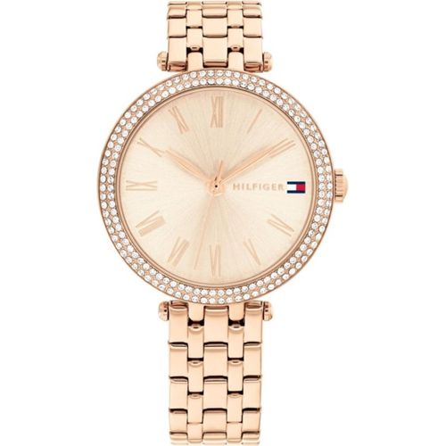 Tommy Hilfiger Damen Armbanduhr Natalie Ø 34 mm, Rosegold Zifferblatt, römische Indizes, Glassteine