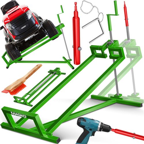 MASKO® XXL Rasentraktorheber 450 kg Hebevorrichtung Hebebühne Aufsitzmäher – Rasentraktor Heber, 45° verstellbar, universal Reinigungshilfe mit Zubehör & Adapter (je nach Wahl)
