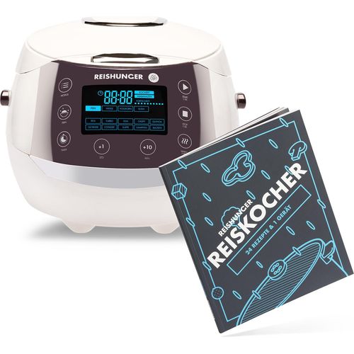 Reishunger Digitaler Reiskocher, Weiß (860W/1,5l) für bis zu 8 Personen, Multikocher mit 12 Programmen, Timer- und Warmhaltefunktion inkl. Reishunger Reiskocher Kochbuch