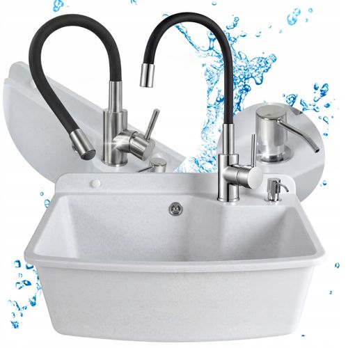 Weißes Haushalts-Set: Spülbecken, flexible Armatur, Flüssigkeitsspender