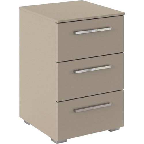 Nachtkommode RAUCH "Nachttisch Nachtkonsole MONTCLAR Frontauswahl Dekor/Hochglanz/Glas", fango, griffe chrom, B:40cm H:61cm T:42cm, Holzwerkstoff, Sideboards, mit 3 geräumigen Schubladen, viele Griffvarianten MADE IN GERMANY