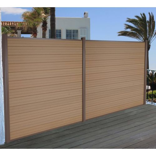 WPC-Sichtschutz Sarthe, Windschutz Zaun, Alu-Pfosten 2er Set, 3,75m teak