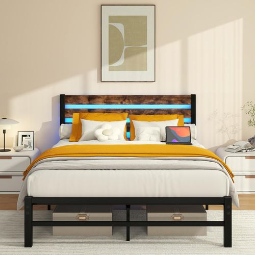 140x200cm Bettrahmen mit Kopfplatte, Metallbettrahmen mit USB-Ladestation, LED-Bettrahmen, Stahlschicht-Unterstützung, Unter Bettlagerung