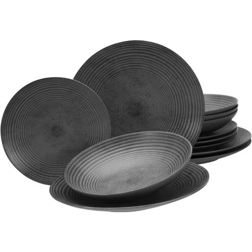 Tafelservice MY HOME "Teller Set, Geschirr-Set, Service Andree", grau (anthrazit), 12 Stk., Steinzeug, Geschirr-Sets, Tafelservice, handwerklicher Look, seidenmatte Glasur, 12 Teile für 4 Personen