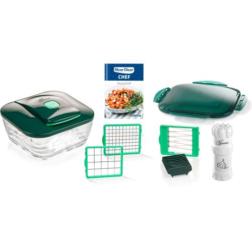 Zerkleinerer GENIUS "Nicer Dicer Chef inkl. Knoblauch-Schneider G5, Set 10-tlg.", grün (weiß, grün), B:24,5cm H:25cm T:16,5cm, Zerkleinerer, ermöglichen eine Arbeitserleichterung durch kinderleichte Anwendung