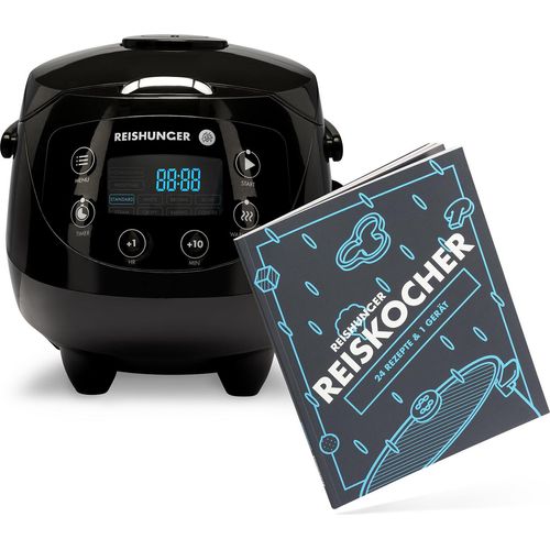 REISHUNGER Digitaler Reiskocher klein, schwarz inkl. Reishunger Reiskocher Kochbuch - 0,6 L bis 3 Personen - Warmhaltefunktion, Timer & Premium Topf
