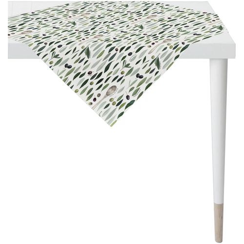 Tischdecke APELT "7007", grün, natur, B:88cm L:88cm, Obermaterial: 75% Baumwolle, 25% Polyester, Tischdecken, Tischdecke, Olivendesign als all-over