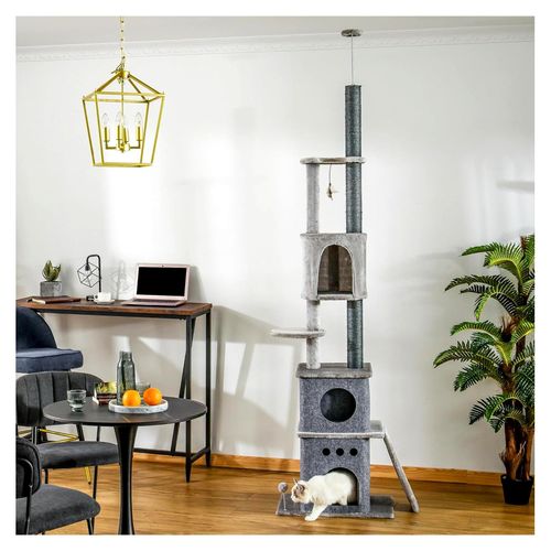Kratzbaum Deckenhoch XXL 225-255 cm höhenverstellbar mit Katzenspielzeug, Sisal, Schlafkorb und Spielplattform für Katzen bis 4,5 kg