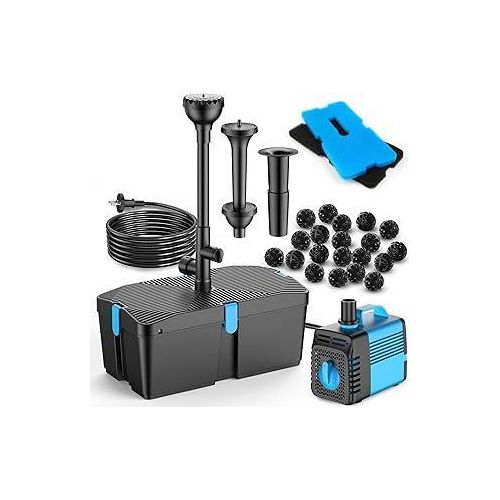 Teichpumpe mit Filter und Springbrunnen Set, 50W 2500L/H Teichpumpe und Filter-Kit, Teichfilter für Außenteiche, sauberer Koi-Teichfilter