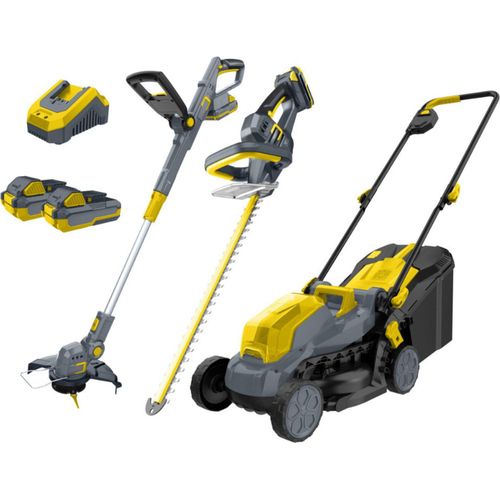 DOC GREEN Rasenmäher-Set | 6-teiliges Rasentrimmer Set | 18V 2,0 Ah Akku inkl. Ladegerät | Garten, Trimmen, Mähen