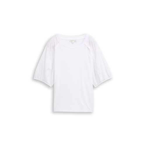 TOM TAILOR Damen T-Shirt mit Lochstickereien, weiß, Uni, Gr. M