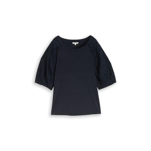 TOM TAILOR Damen T-Shirt mit Lochstickereien, blau, Uni, Gr. XL