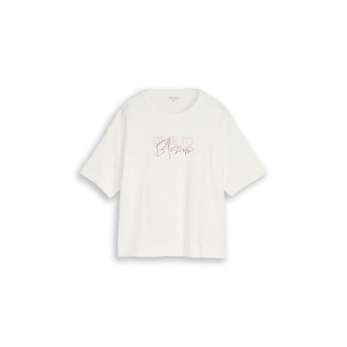 TOM TAILOR Damen T-Shirt mit Schriftzug, weiß, Uni, Gr. L