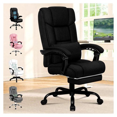 Ergonomischer Bürostuhl mit Hochlehne, 150° Liegeposition, atmungsaktivem Netzgewebe und Rollen für komfortables Arbeiten, Leinenstoff, Schwarz