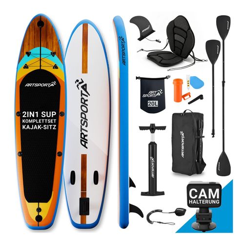 ArtSport Stand Up Paddle Board Beach Rocker mit Kajak-Set – Aufblasbares SUP Board Set bis 150 kg - Weiß & Bunt