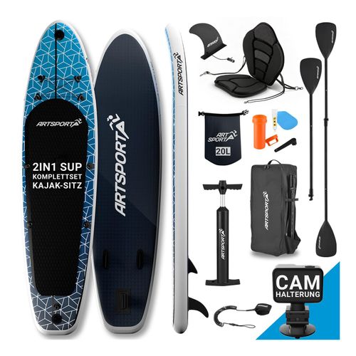 ArtSport Stand Up Paddle Board Deep Ocean mit Kajak-Set – Aufblasbares SUP Board Set bis 150 kg - Blau-Weiß
