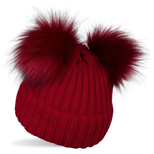 Bommelmütze STYLEBREAKER "Kinder Bommelmütze mit zwei Bommel", Jungen, rot (bordeaux, rot), 100% Polyacryl PAN., Modisch, Mützen