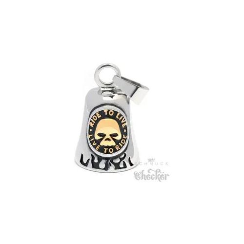 Live to Ride Bikerbell mit goldenem Totenkopf aus Edelstahl Motorrad Glücksbringer