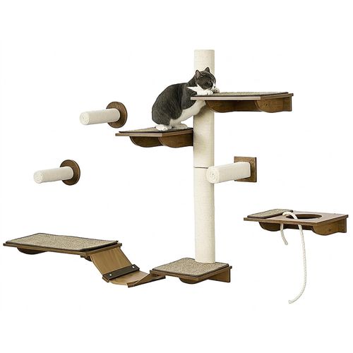Katzen-Kletterwand 8-teilig Wandmontage 4 Kratzstämme Sisal 2 Plattformen Leiter Lochplattform Spanplatte bis 8 kg Braun Cremeweiß