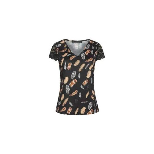 T-Shirt CLOUD 5IVE "CLOUD 5IVE T-Shirt mit V-Neck und Spitzenansatz", Damen, Gr. M, schwarz, 95% Viskose, 5% Elasthan, bedruckt, normal, Rundhals, Shirts T-Shirt