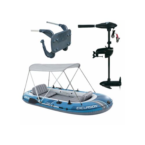 INTEX Schlauchboot Set Excursion 4 mit Motor Paddeln Pumpe Verdeck Paddelboot