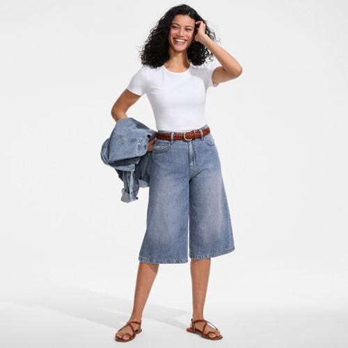 Soft Comfort Jeans-Culotte im Leinenmix, Damen,  Blau, Baumwolle/Leinen/Lyocell (Viskose), by Lands' End