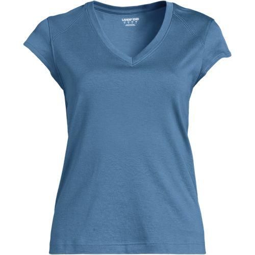 Supima-Shirt mit V-Ausschnitt und Kappärmeln, Damen,  Blau, by Lands' End