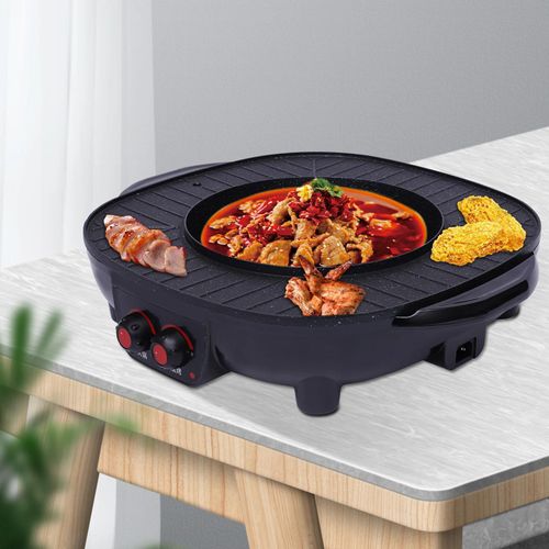 Elektrischer Hotpot & Grill - Doppelzonen-Kocher 26 cm 2000 W - Topf + Grillplatte - Antihaft - Temperaturregelung - Schwarz