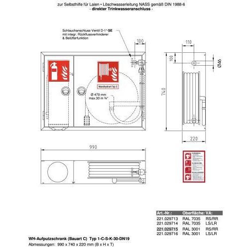 Wandhydrantenschrank Typ S Wandhydrant, Selbsthilfe, inkl. Feuerlöscherfach