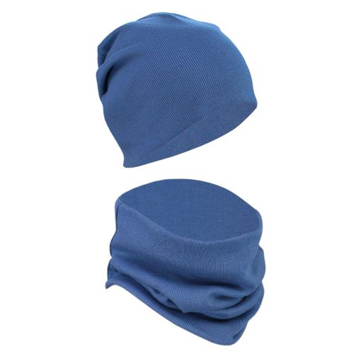 Beanie ALKATO "Mütze Alkato Unisex Beanie Mütze und Schal Set Uni", Herren, blau (rippstoff jeans), Obermaterial: 95% Baumwolle CO. 5% Elasthan EL., Mützen Beanie