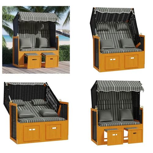 vidaXL Strandkorb mit Kissen Poly Rattan & Massivholz Schwarz & Grau - Strandkorb - Strandkörbe - Sonnenliege - Strandliege