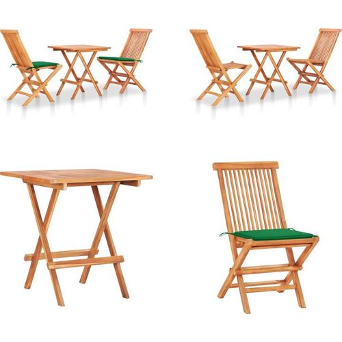 vidaXL 3 tlg. Bistroset mit Grünen Kissen Massivholz Teak - Bistroset - Bistrosets - Holz-Bistroset - Holz-Bistrosets