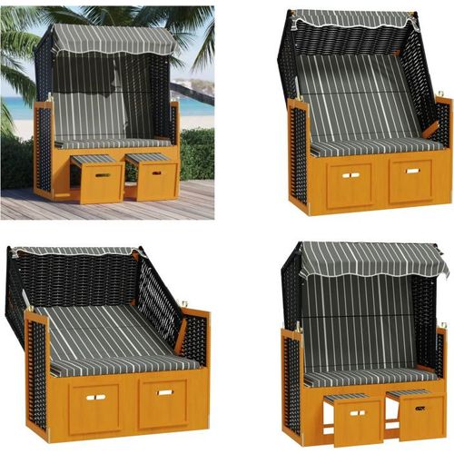 vidaXL Strandkorb mit Dach Poly Rattan und Massivholz Schwarz & Grau - Strandkorb - Strandkörbe - Sonnenliege - Strandliege