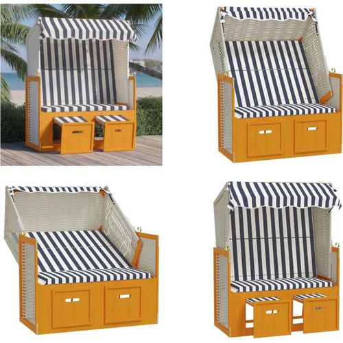 vidaXL Strandkorb mit Dach Poly Rattan & Massivholz Weiß & Blau - Strandkorb - Strandkörbe - Sonnenliege - Strandliege